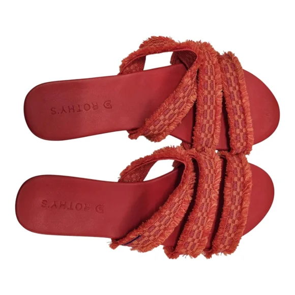 Rothy's 'Triple Band Bright Red' Fringe Slip On Sandals SZ 9